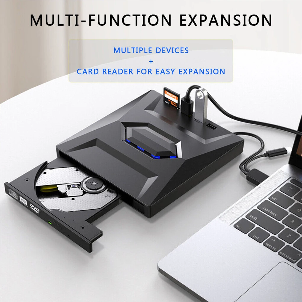 محرك أقراص DVD خارجي USB 3.0 من النوع C مع قارئ بطاقات USB HUB Type-C SD 7 في 1 CD DVD RW ROM مشغل أقراص قارئ الموقد الكاتب