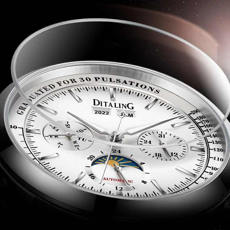 DITALING Men Automatic Watch 43mm Luxury Mechanical Wristwatch Waterproof Sapphire Multifunctions Dial Big Date Window