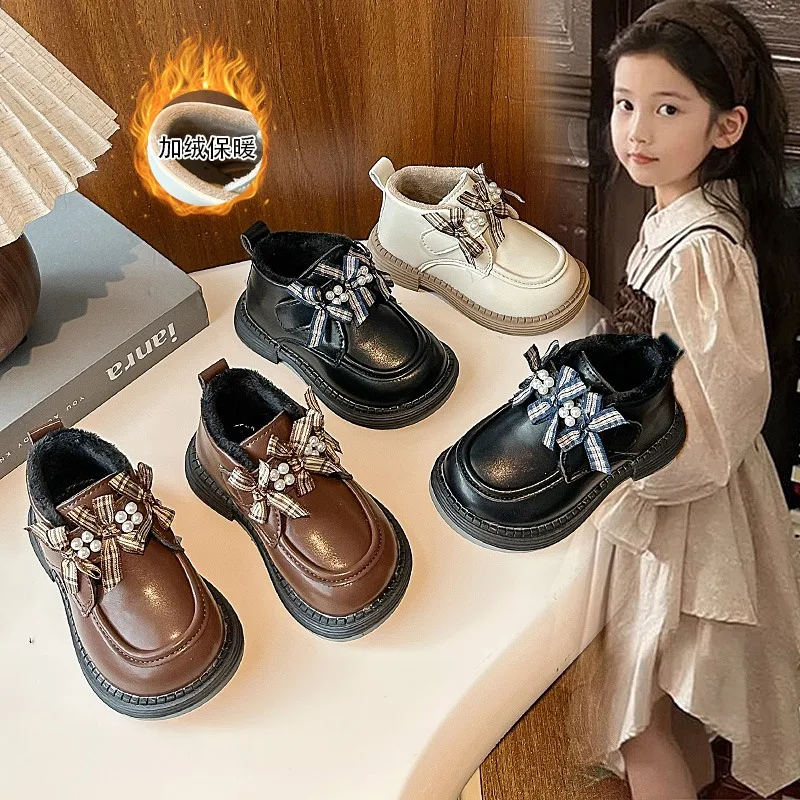 

2025 Fashion Girls Leather Shoes Spring Autumn Children Causal Shoes Sweet Princess Kids Performance Flat Shoes