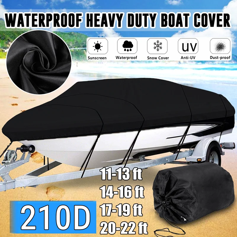 

11-22ft Trailerable 210D Boat Cover Waterproof Black Fish-Ski V-Hull Sunproof UV Protector Speedboat Canvas Boat Accessories