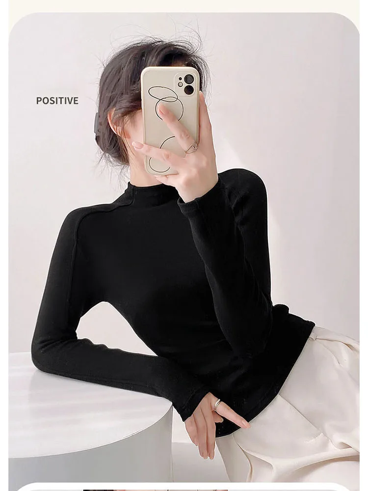 Tesco Autumn Winter Women Half Turtleneck Undershirt Women's Slim Fit Warm Base Layer Shirt All-Match Simple Clothes