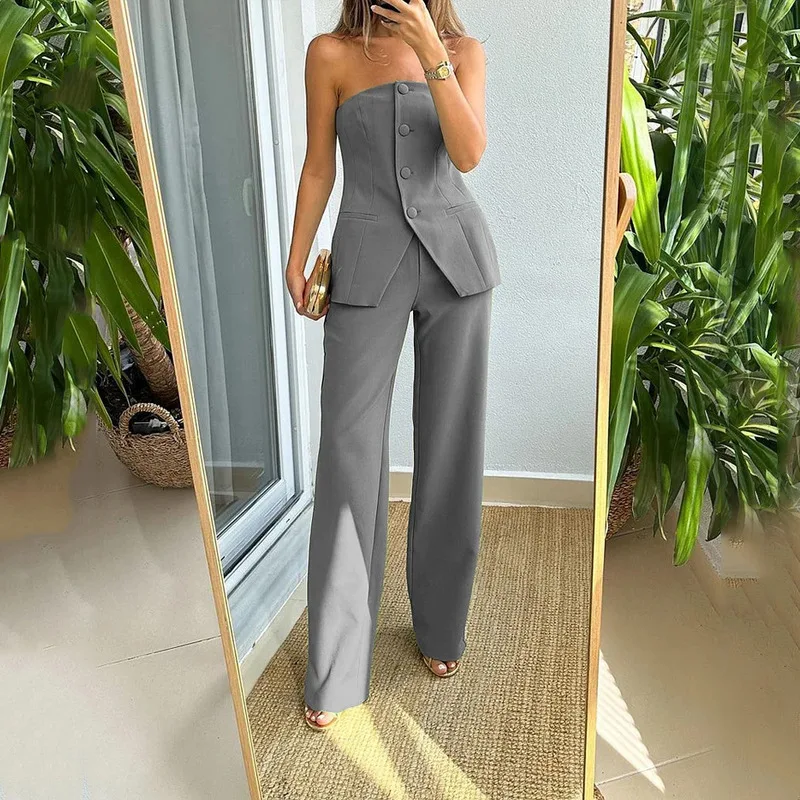 Elegant And Fashionable Tops And Trouser Suits For Women, Casual Suits, High-waisted Wide-leg Pants, Women's Two-piece Suits