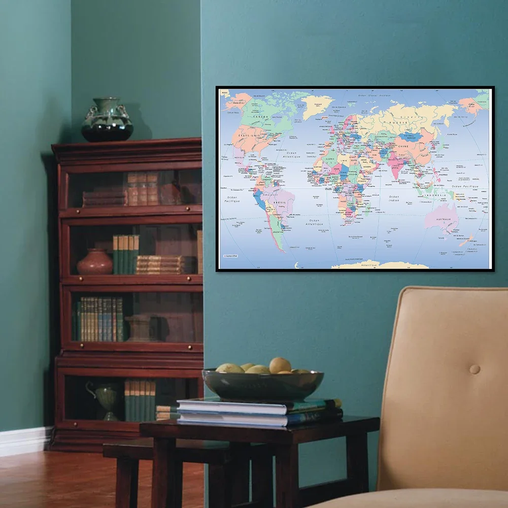 A2 Rozmiar-59x42cm Mapa świata w języku francuskim w rolce Płótno bez ramki Wiszące plakaty Tła do dekoracji Prezent Salon