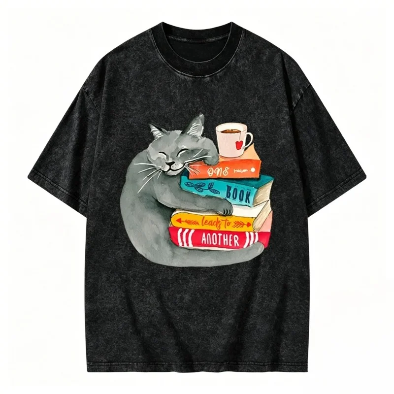 Sleepy Cat Book Coffee Graphic T‑Shirt Vintage Washed Reading Lover Print Oversized Unisex Short Sleeve Bookworm Streetwear Tops