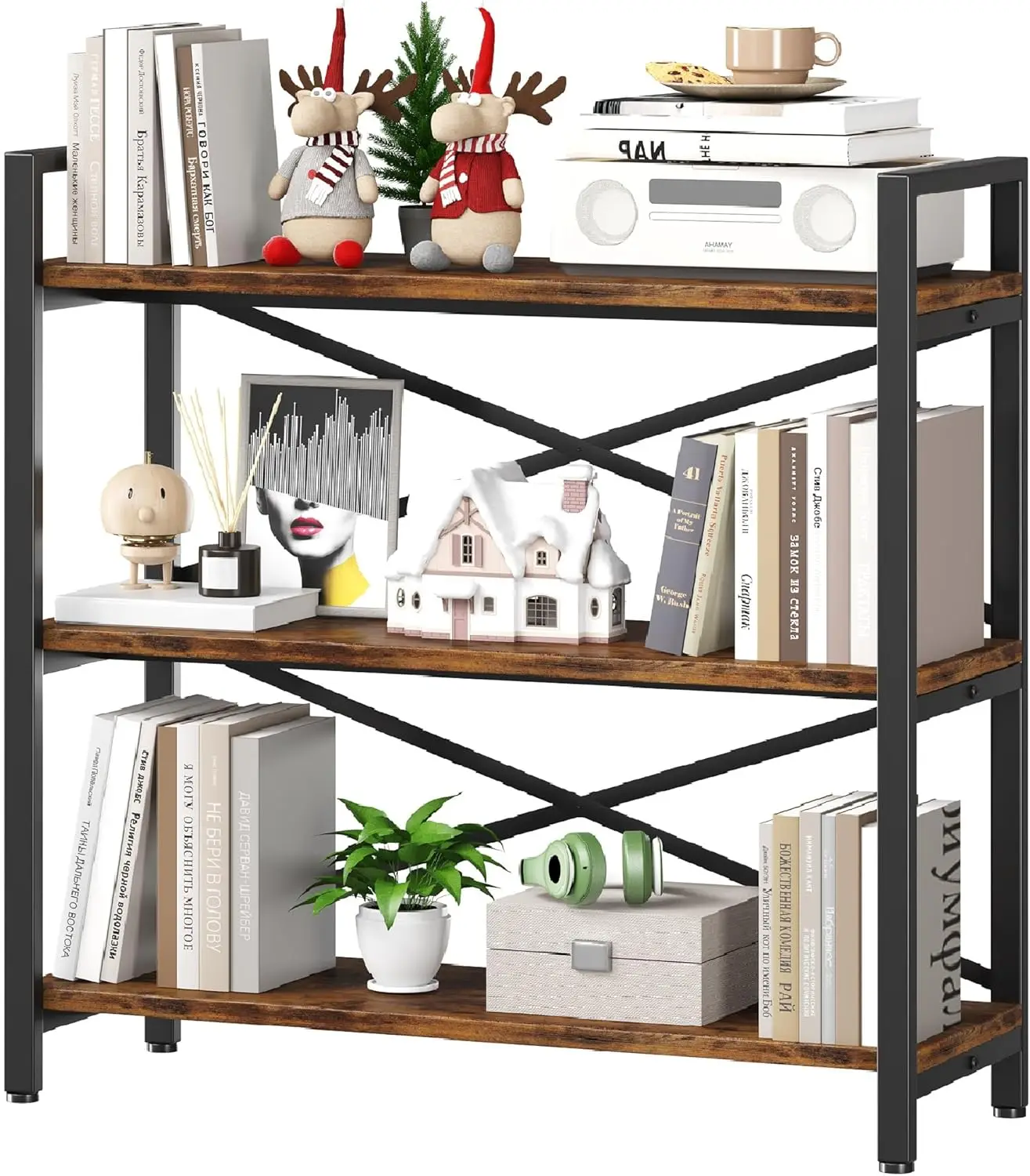 

Bookshelf 31.49" Width, Wood and Metal Etagere Bookcase, Vintage Farmhouse Modern Wooden Big Book Shelf for Home Living R