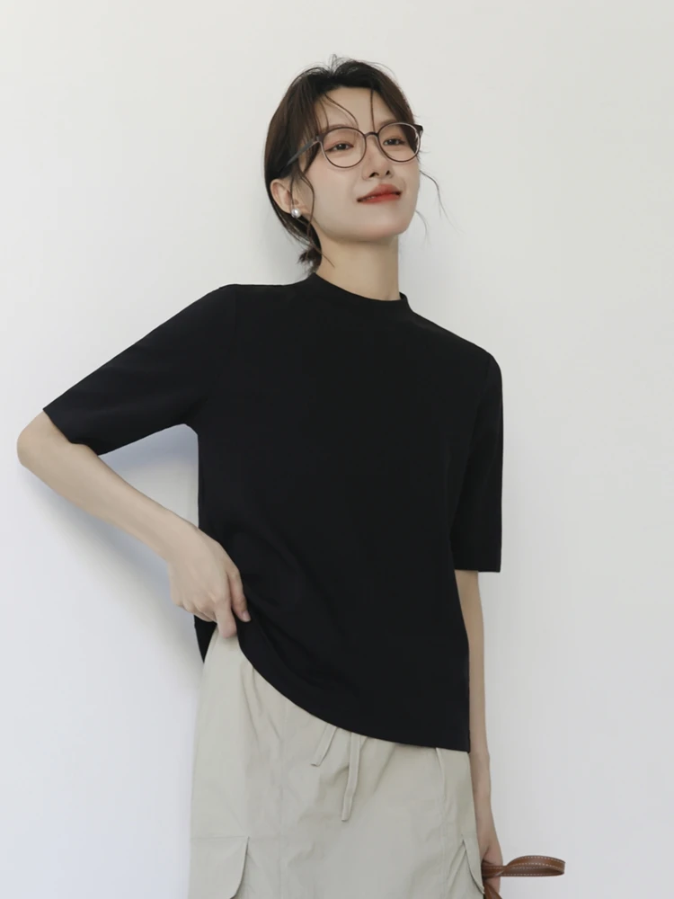 Casual Loose Cotton Feels T-shirt Women's mid Sleeve Commute Style Slim Fit Stand Collar Five Sleeve Base Shirt Top