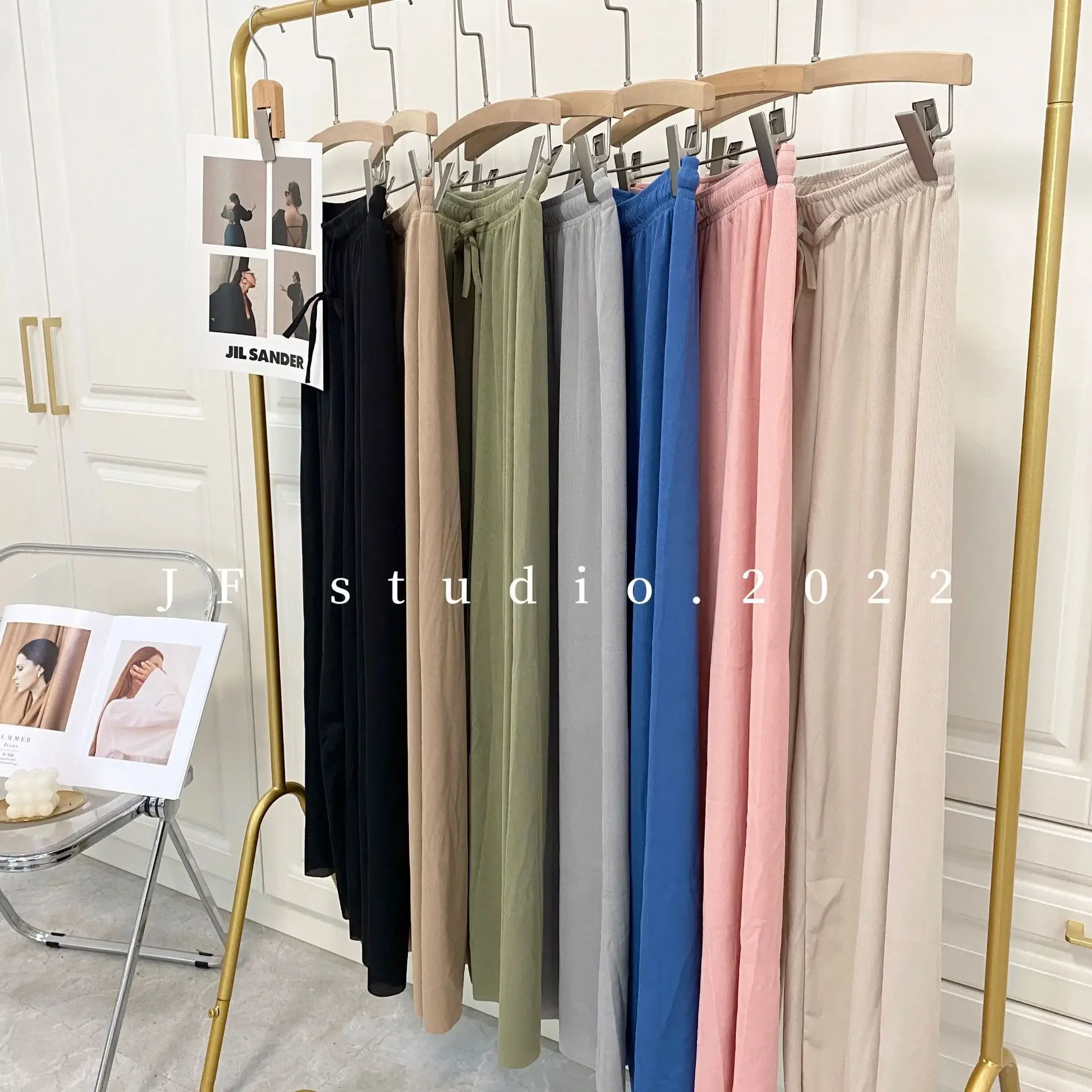 2024 Spring Autumn Seven-color Ice Silk Bell Bottoms Thin Draped Trousers Drawstring Loose-fit Straight-leg Trousers Women