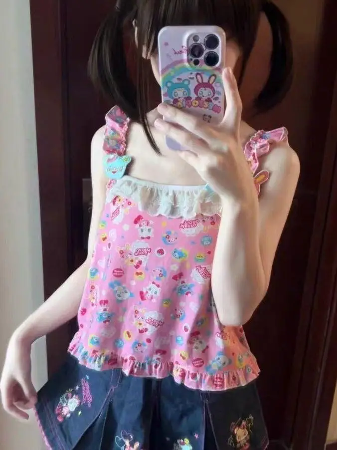 plus Size 300 Pounds Fat Sister MM Japanese Cartoon Print Strap Vest Women Summer Soft Flower Lace Sleeveless Top Casual Style