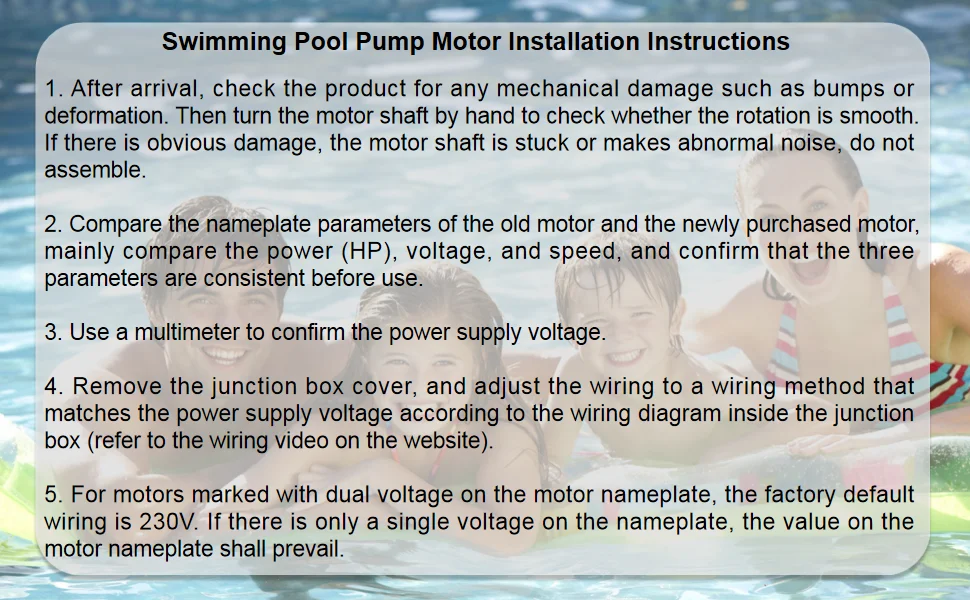 UST1152 Swimming Pool Pump Motor Installation Instructions