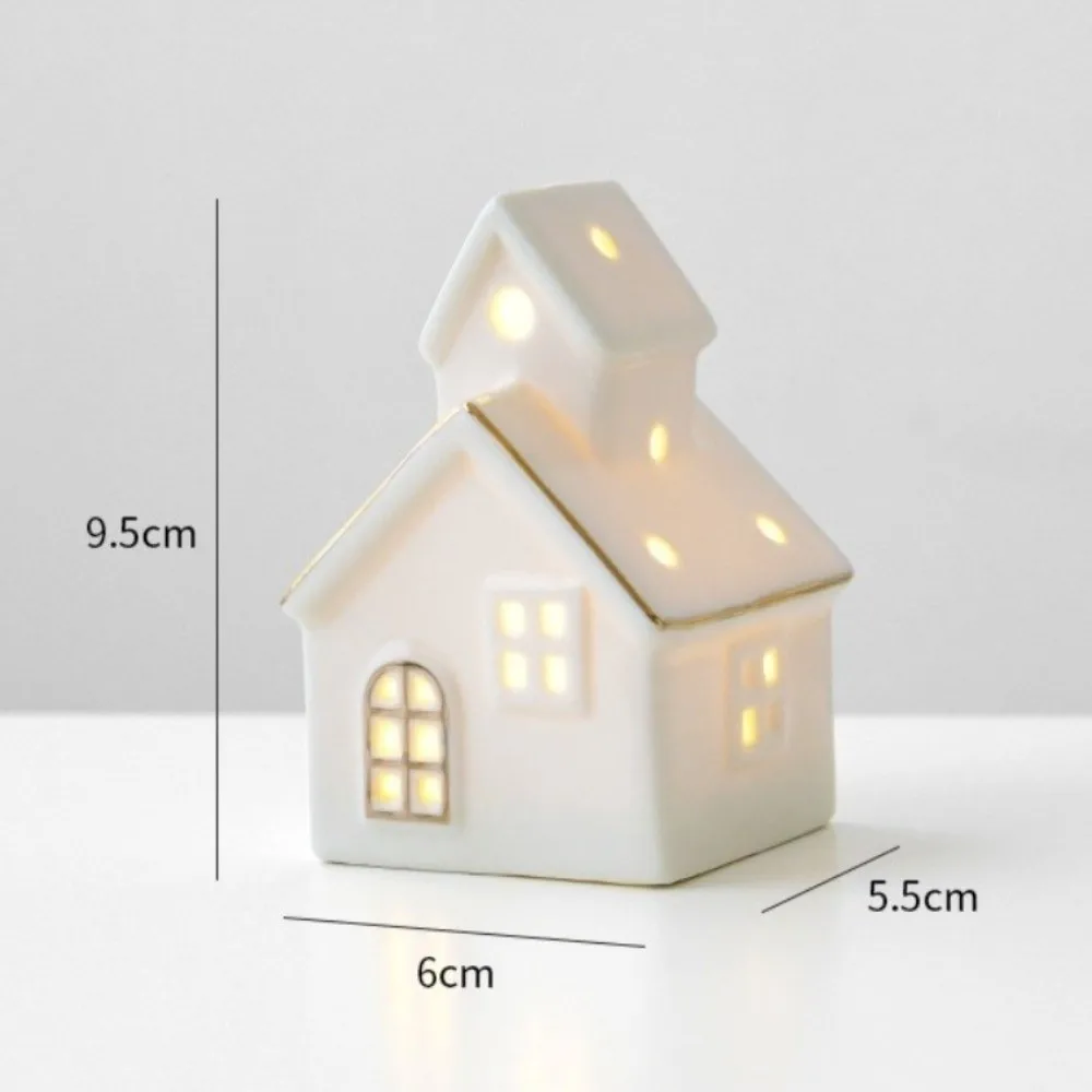 New LED Light Up Christmas Village Houses White Ceramic House Figurines with Christmas Trees Tabletop Ornaments Winter Decor