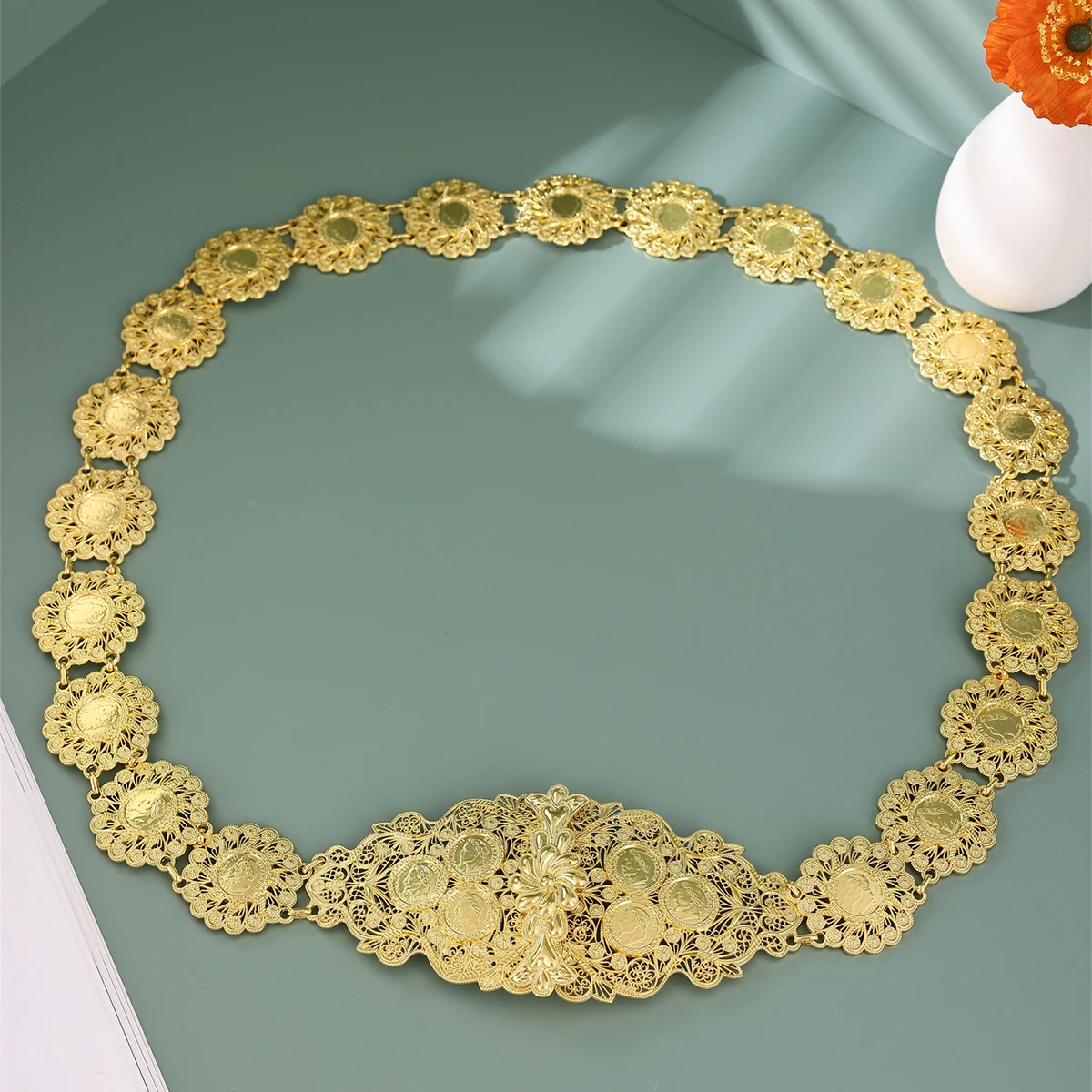 

Algeria Bridal Waist Chain Gold Plated hollow Flower Link Chains for Women Luxury Arabic Wedding Jewelry Belts Body Jewelery