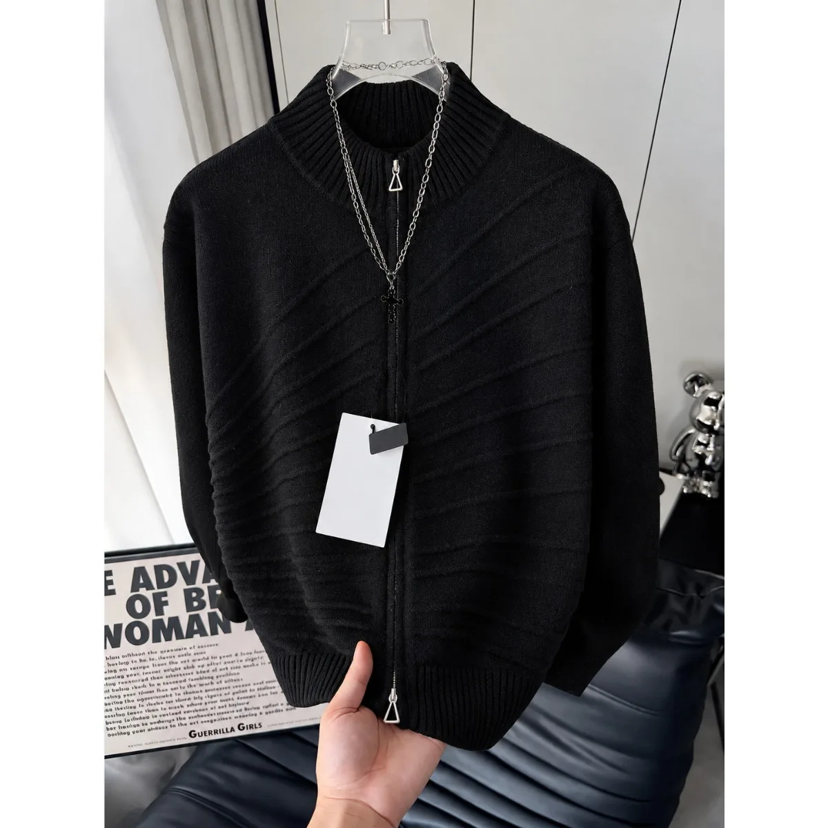 Fall Radiant Knit Texture Casual Men's Sweater Coat Long Sleeve Loose Fit American Style Moisture Wicking Radiation Embroidery