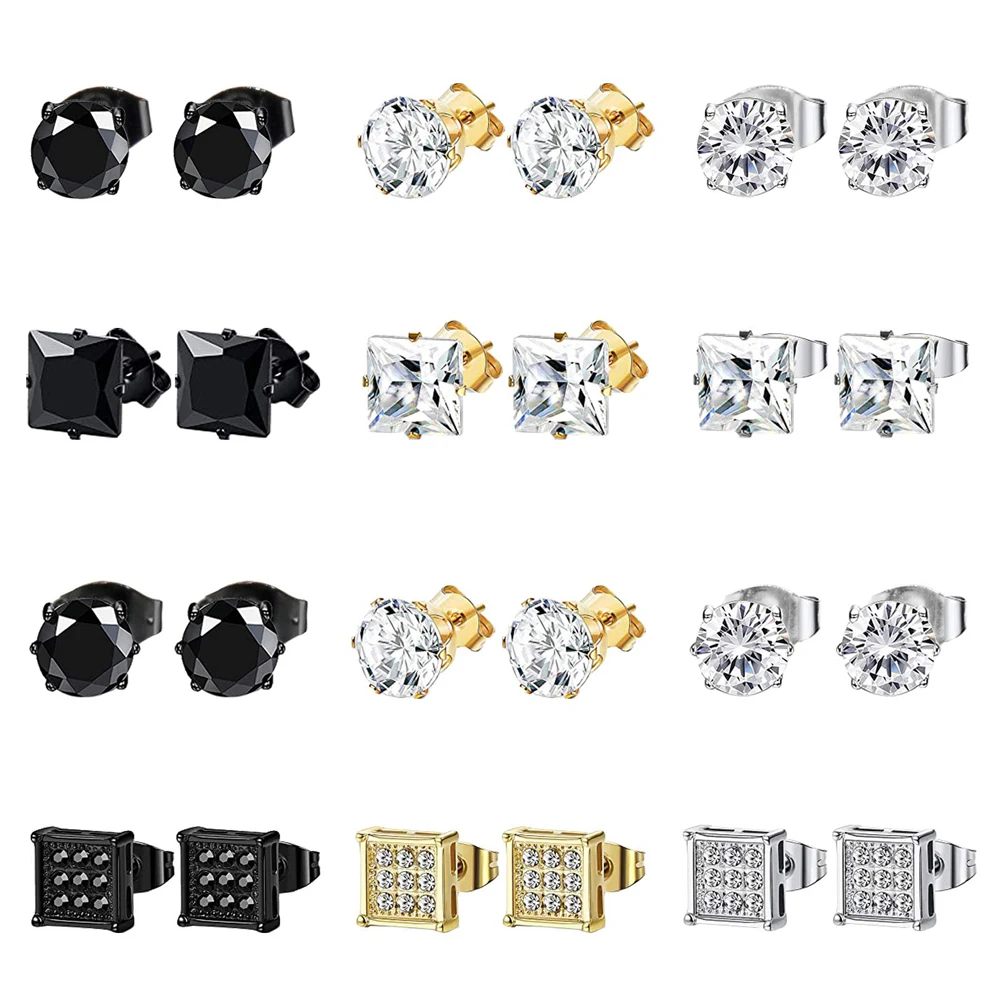 

12 Pairs Stainless Steel Stud Earrings Hypoallergenic Earrings Inlaid Cubic Zirconia Men Hoop Stud for Women Men