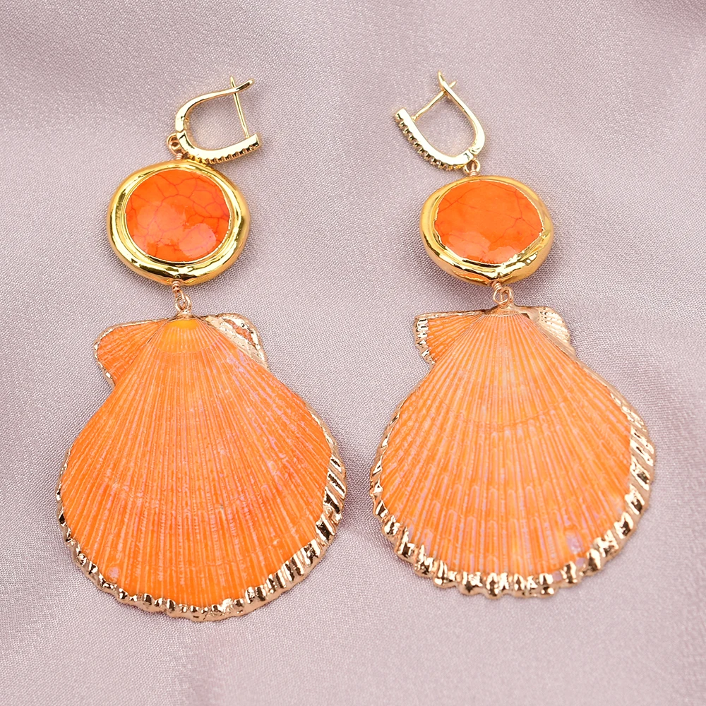 GG Gold Plated Orange Turquoise Sector Shell Dangle Cz Hook Earrings