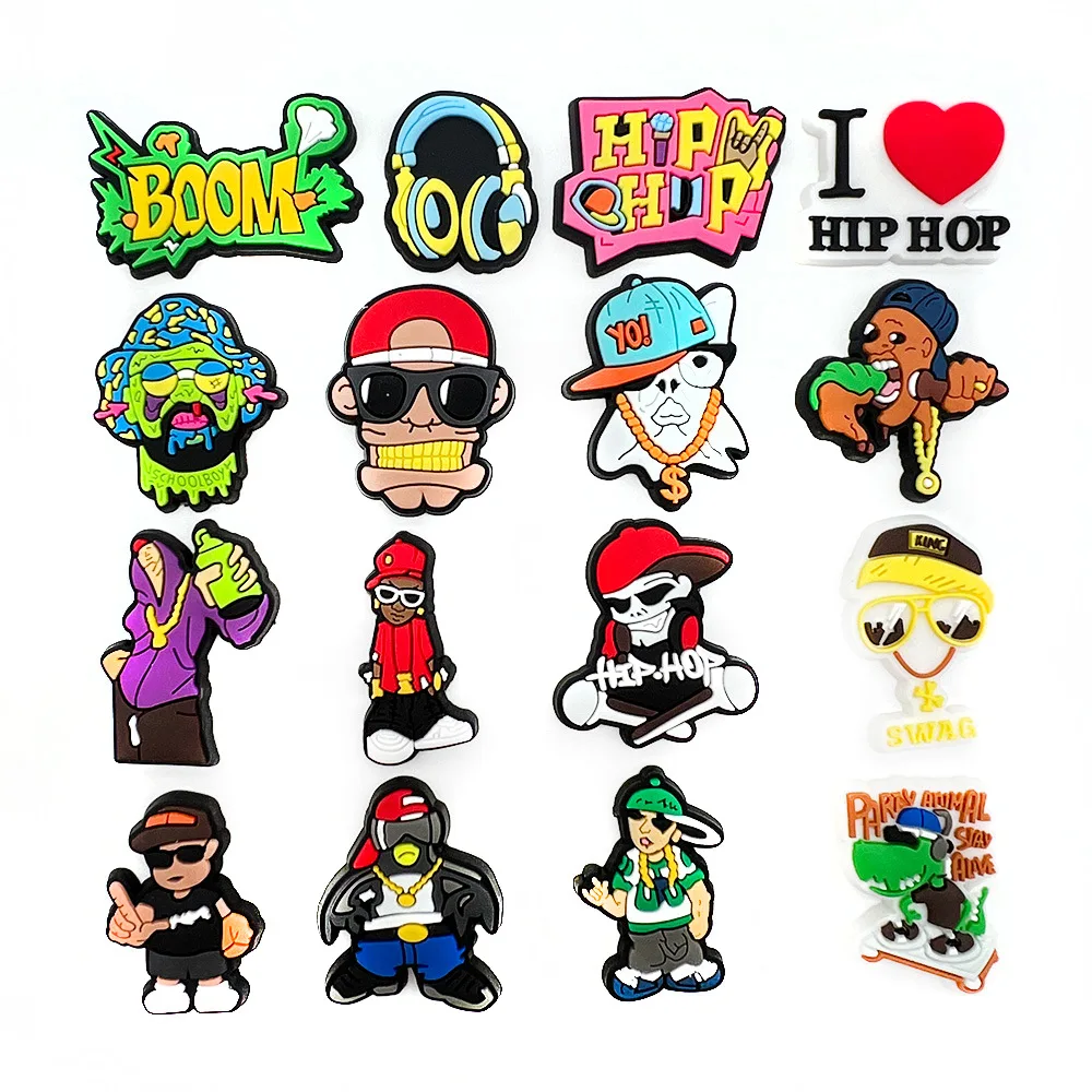 16pcs Cool Hip Hop Street Culture Shoe Charms Soft PVC Removable Clog Decor Graffiti Rap Figure DIY Sandal Footwear Ornaments