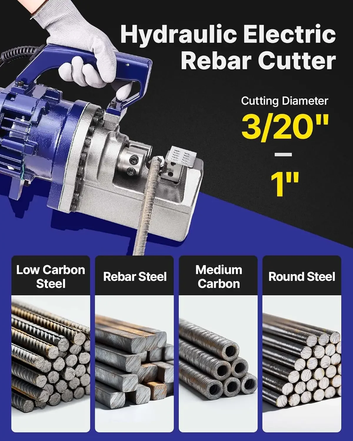 Electric Hydraulic Rebar Cutter 1700W 110V - Portable, Cuts #8 4-25mm Rebar in 5 Seconds, with Stainless Steel Carry Case