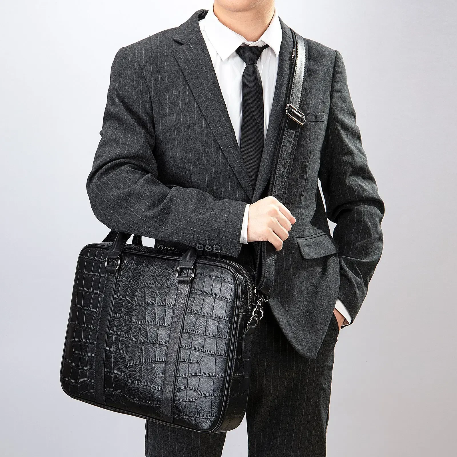 New Cow Leather 15 Inch Laptop Bags Alligator Genuine Leather Men's Briefcase Brand Crocodile Pattern Messenger Computer Bag