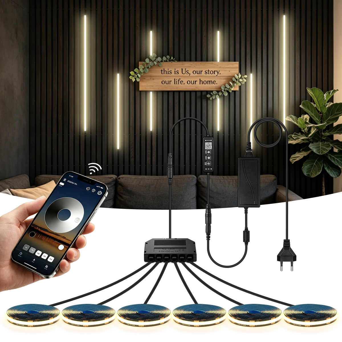 4/6 Piece COB Lamp Strip Kit,Wall Acoustic Panel Ambinet Decor Lighting,BT/RF Control,Dimming,EU/UK/US Plug,DC12V