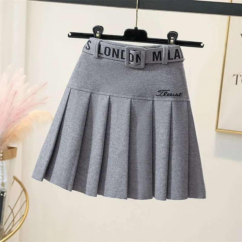 

Autumn and Winter Women's Golf Clothing Thick High Waist Pleated Wool Golf SkirtLuxuryBrand GolfClothingWomen'sFree OriginalBelt