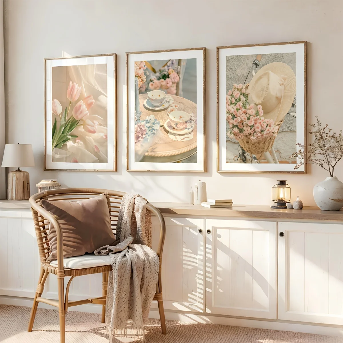 （NOframe 3PCS）-2D Flat, Frameless/3pcs Set, Pink Floral And Herbal Tea Wall Art Decoration, Casual Photography Canvas Poster,