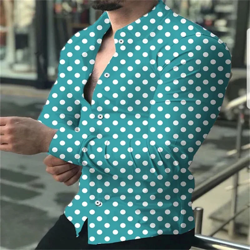 2024 new men\'s button-down long-sleeved polka dot lapel shirt outdoor street fashion casual breathable comfortable clothing top