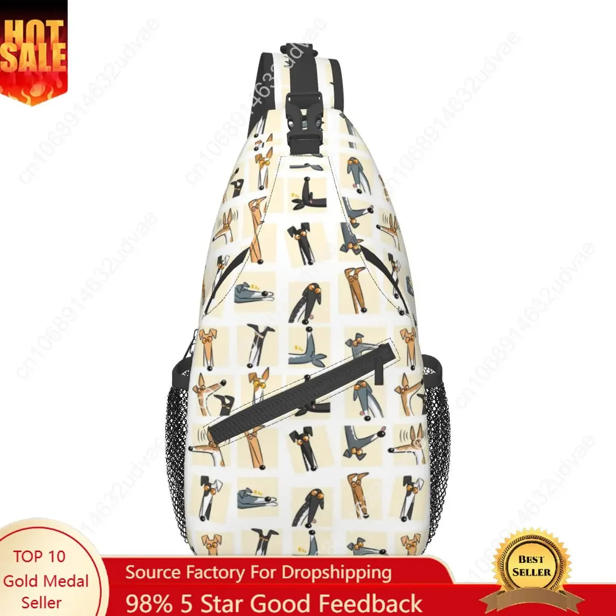 Heads Up Cream Greyhound Sling Bag Chest Crossbody Shoulder Sling Backpack Travel Hiking Daypacks Animal Dog Fashion Bookbag