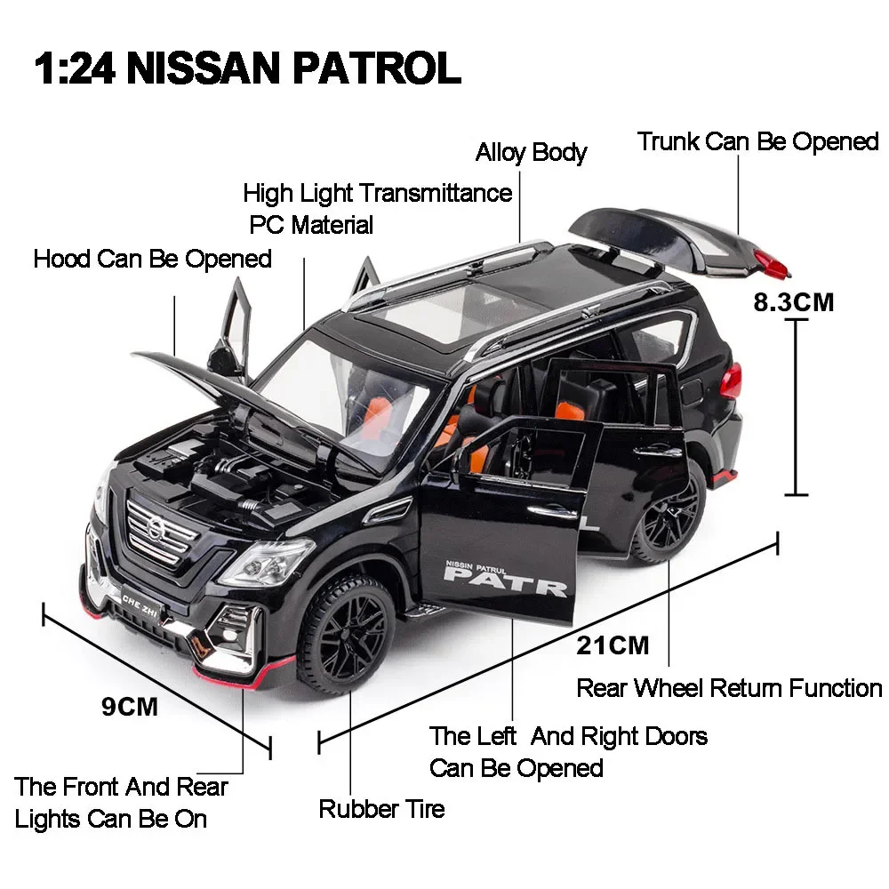 1:24 Nissan Patrol Metal Diecast Off-road Vehicle Car Model For Boy Toys Alloy Model With Sports Kit 6 Doors Opened A303