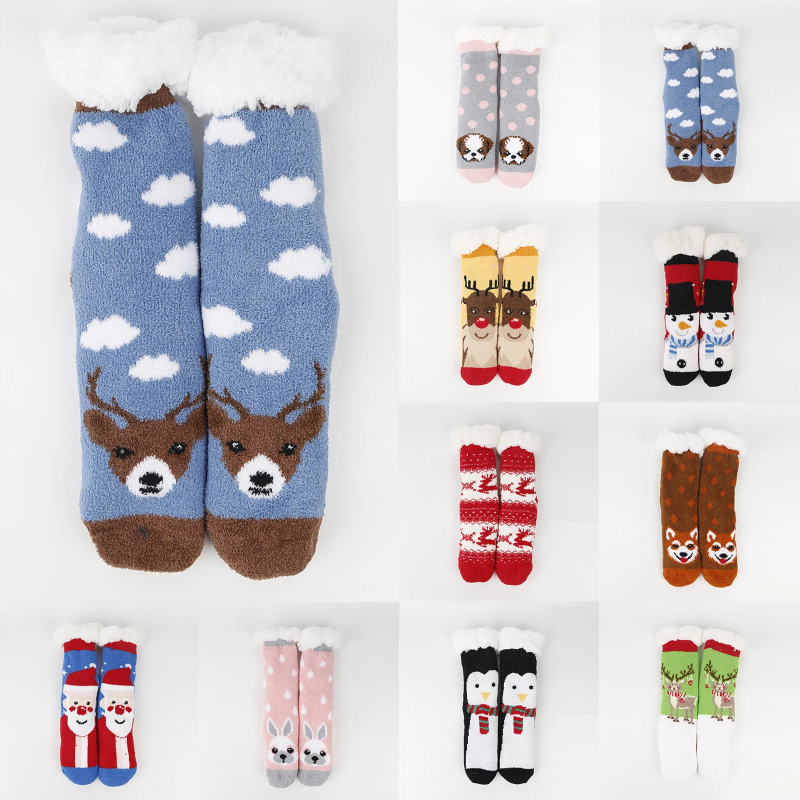 

1 Pair Christmas Cartoon Socks Lamb Velvet Cotton Fleece Mid-calf Home Floor Socks Warm Cozy Holiday Patterned Indoor Socks