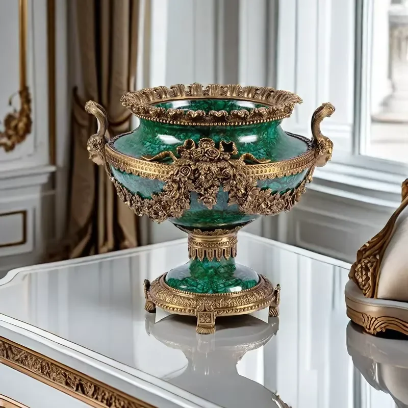 Retro Emerald Flower Pot Natural Peacock Green Decorative Ornament European Brass Ceramic Vase for Villa Hotel Home