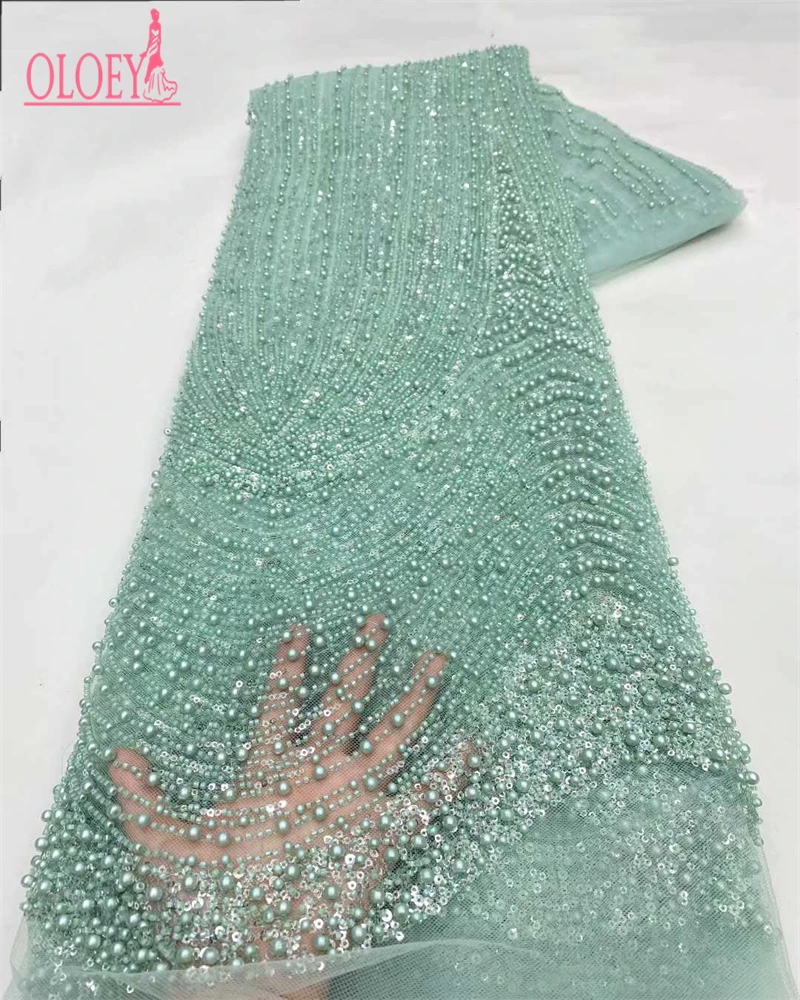

OLOEY Fashion Latest Africa Embroidered Tulle Net Fabric With Beads High Quality Luxury Sequins Net Lace Evening Party Dress