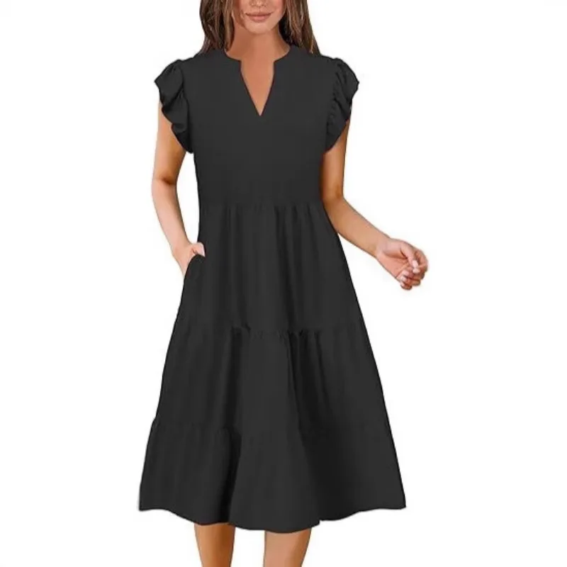 

Women V Neck Ruffle Cap Sleeve Tiered Midi Dress With Pockets Loose Swing Casual Dress