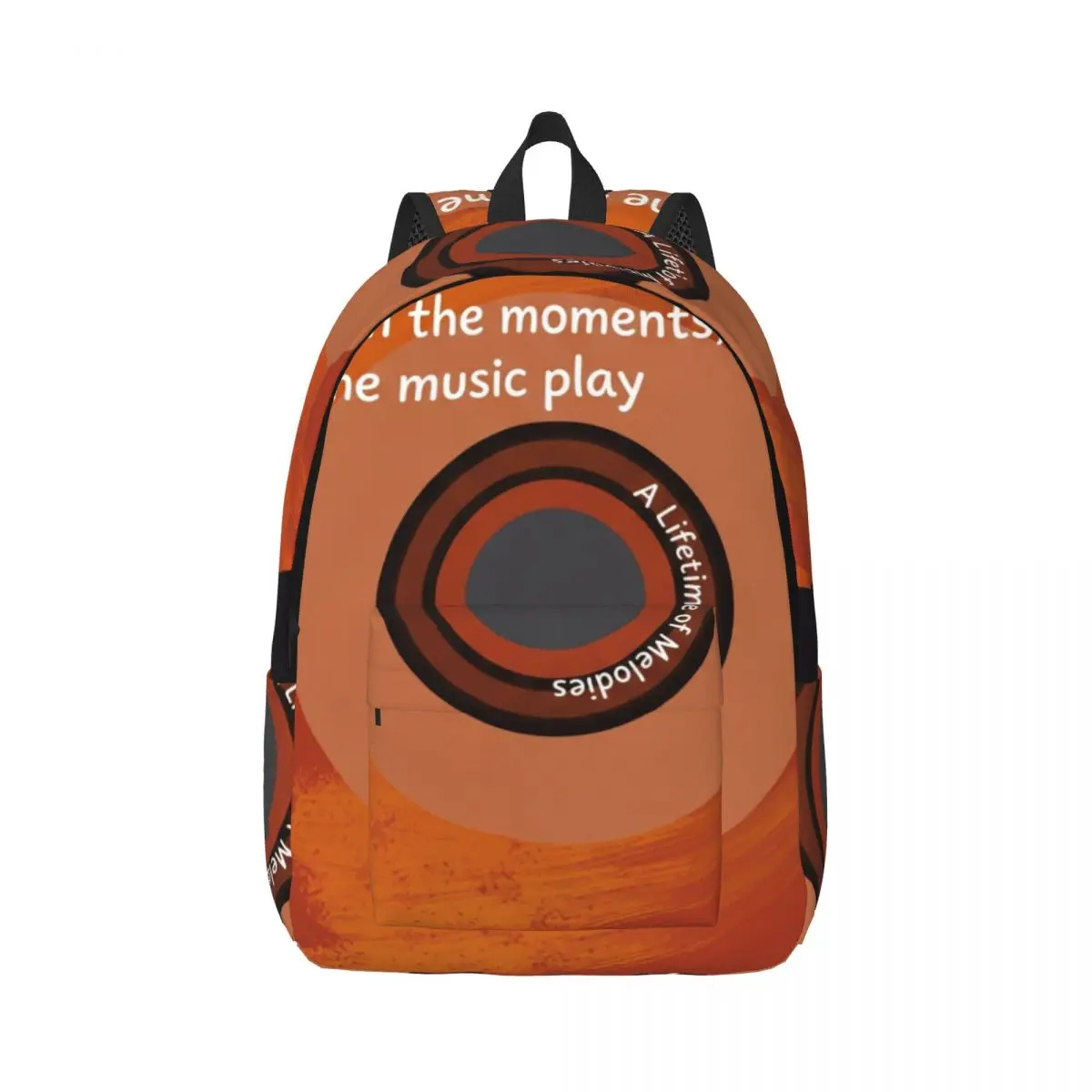 Cool Skull Student Backpack Center Vinyl Record Modern Graphic Black Orange Brown Edgy Daypack for School Work Weekend Outfit