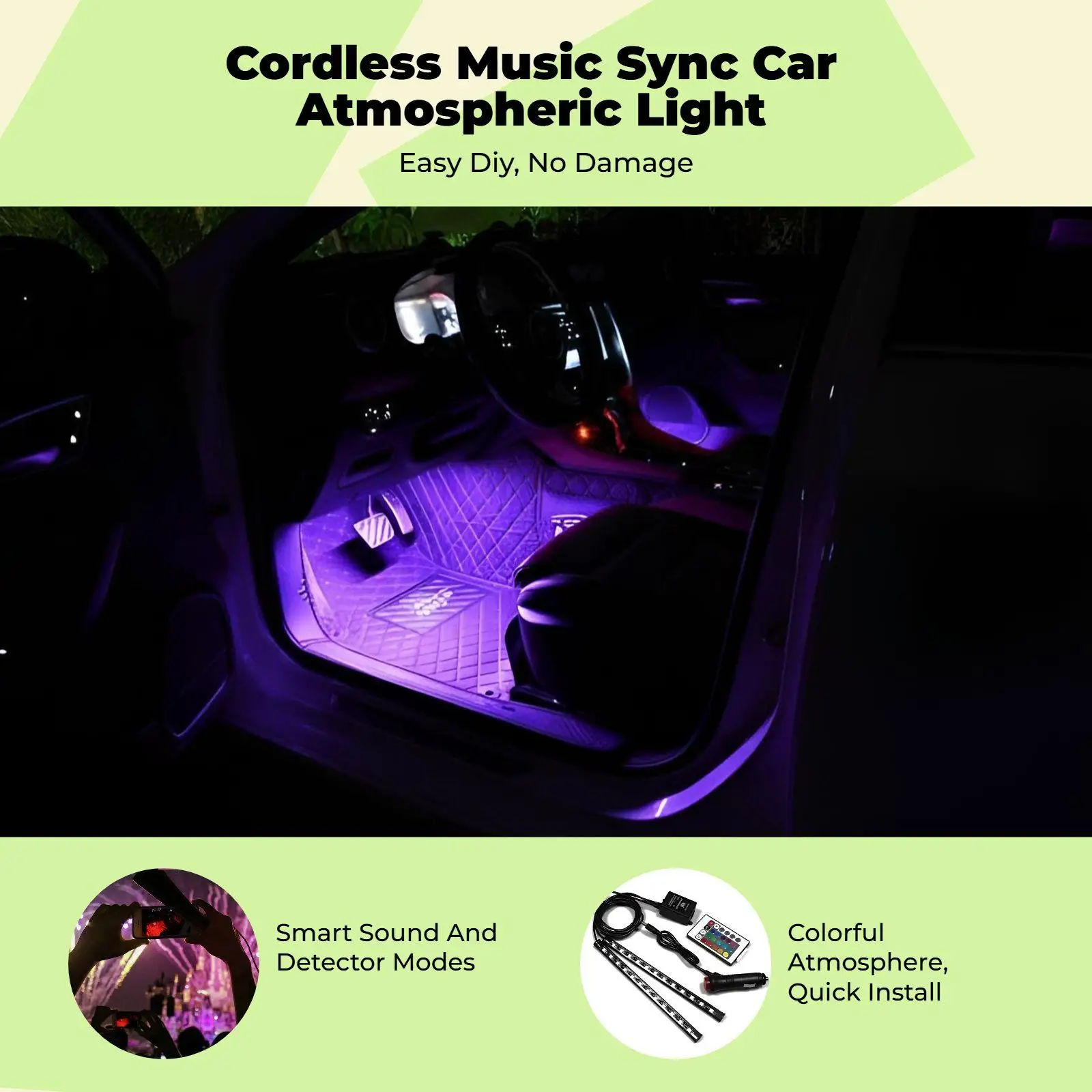 LED Car Light Interior Ambient Wireless Lighting Sound Controlled Modes Easy Install for Car Decor LED Car Light Interior Ambient Wireless Lighting Sound Controlled Modes Easy Install for Car Decor