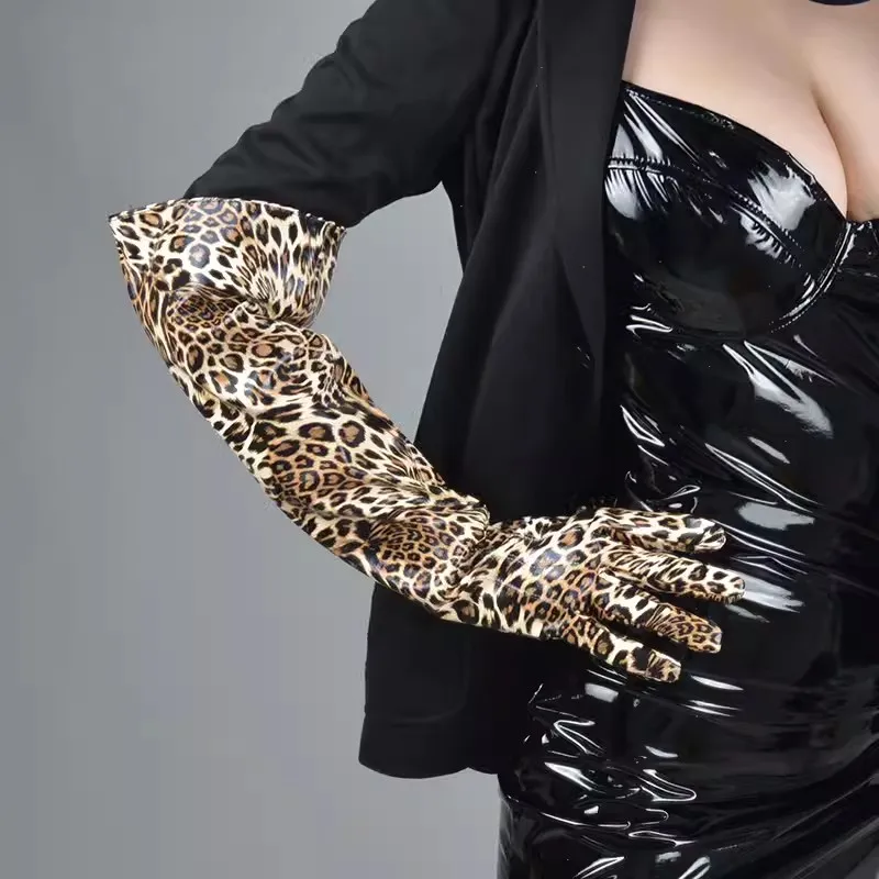 

Women's Runway Fashion Leopard PU Leather Long Glove Lady's Club Performance Formal Party Dancing Glove 50cm R1716