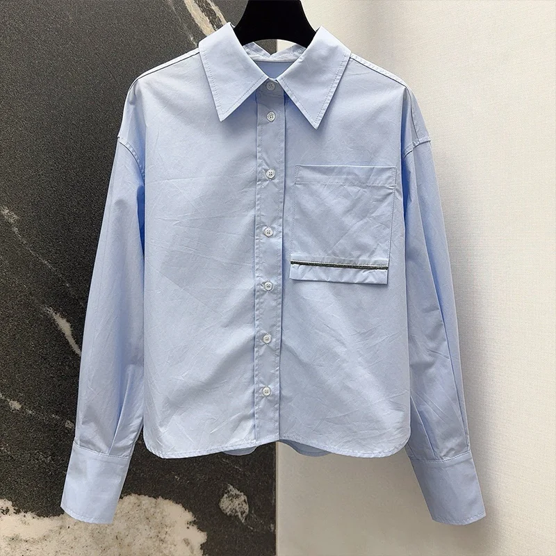 

High-quality women's long-sleeved shirt with a collar and single button fastening simple big pocket 2592585