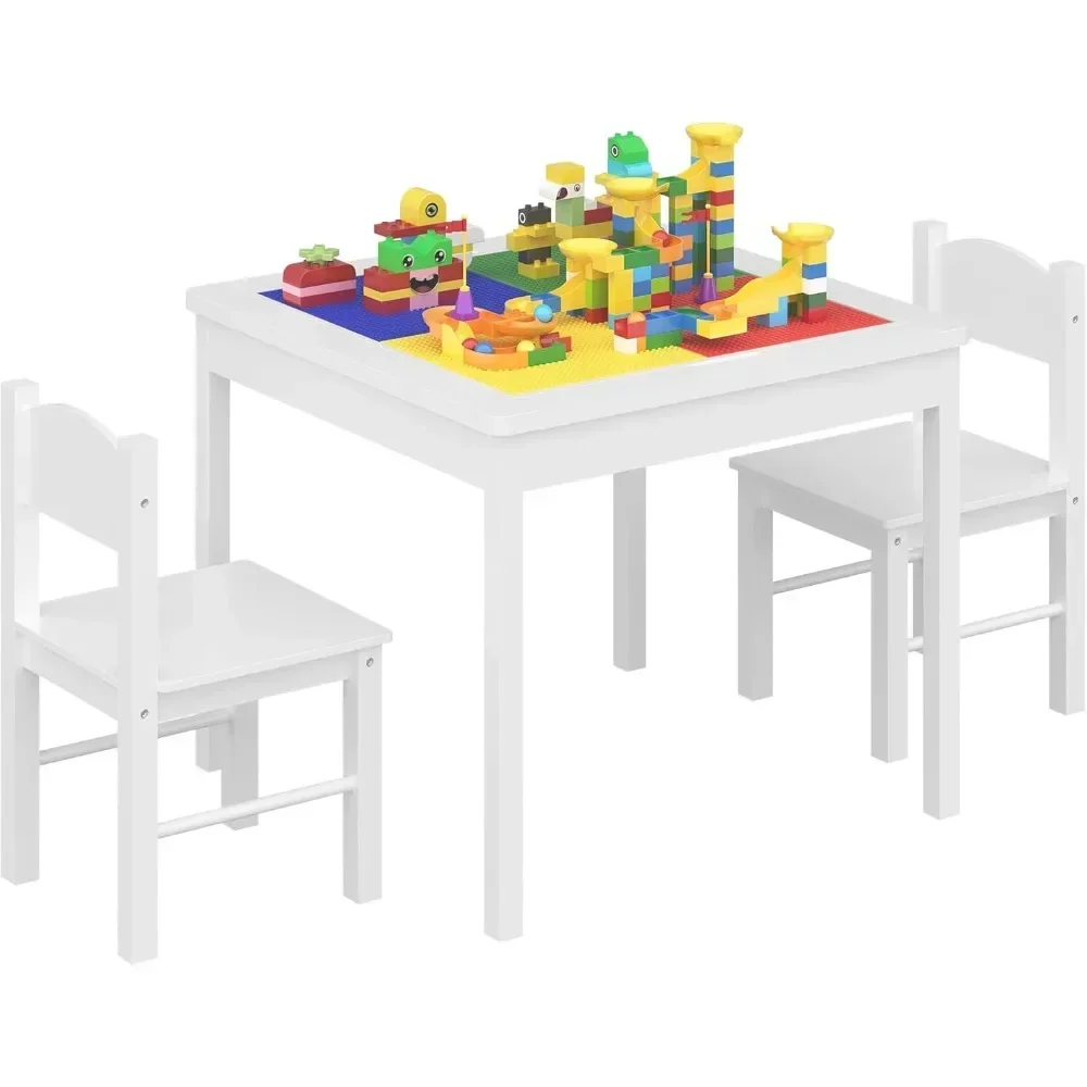 3in1Kids Play Table and 2 Chair Set with Storage,Compatible  Bricks Activity Toddler Table Chair, Wood Play Building Block Table