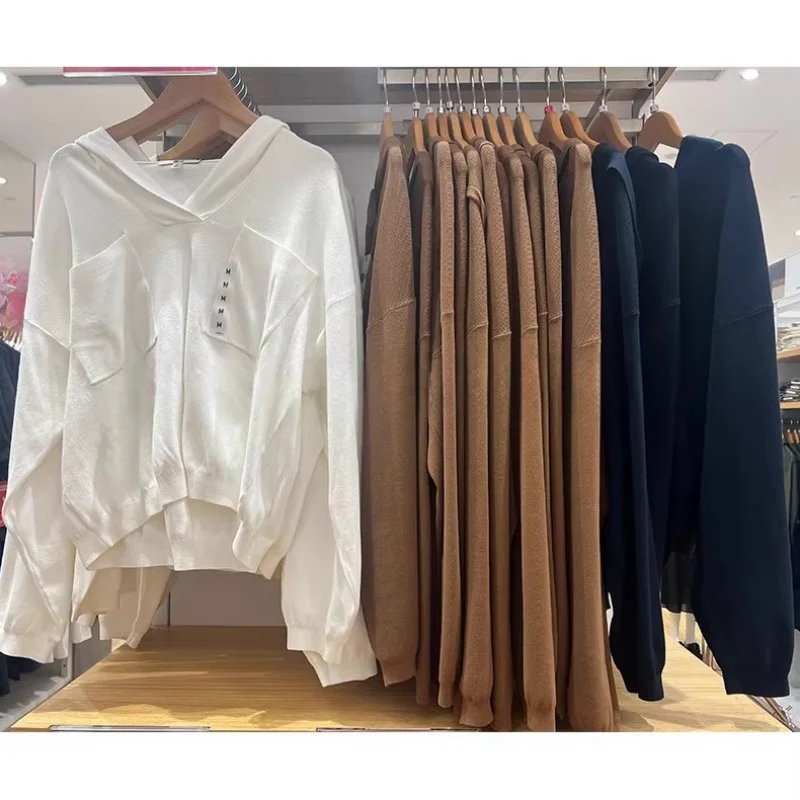 

Повседневная вязаная шапка, женский свитер с длинными рукавами, универсальный пуловер с двойными карманами, весенне-осенняя мода, URHMBMK, полиэфирное волокно