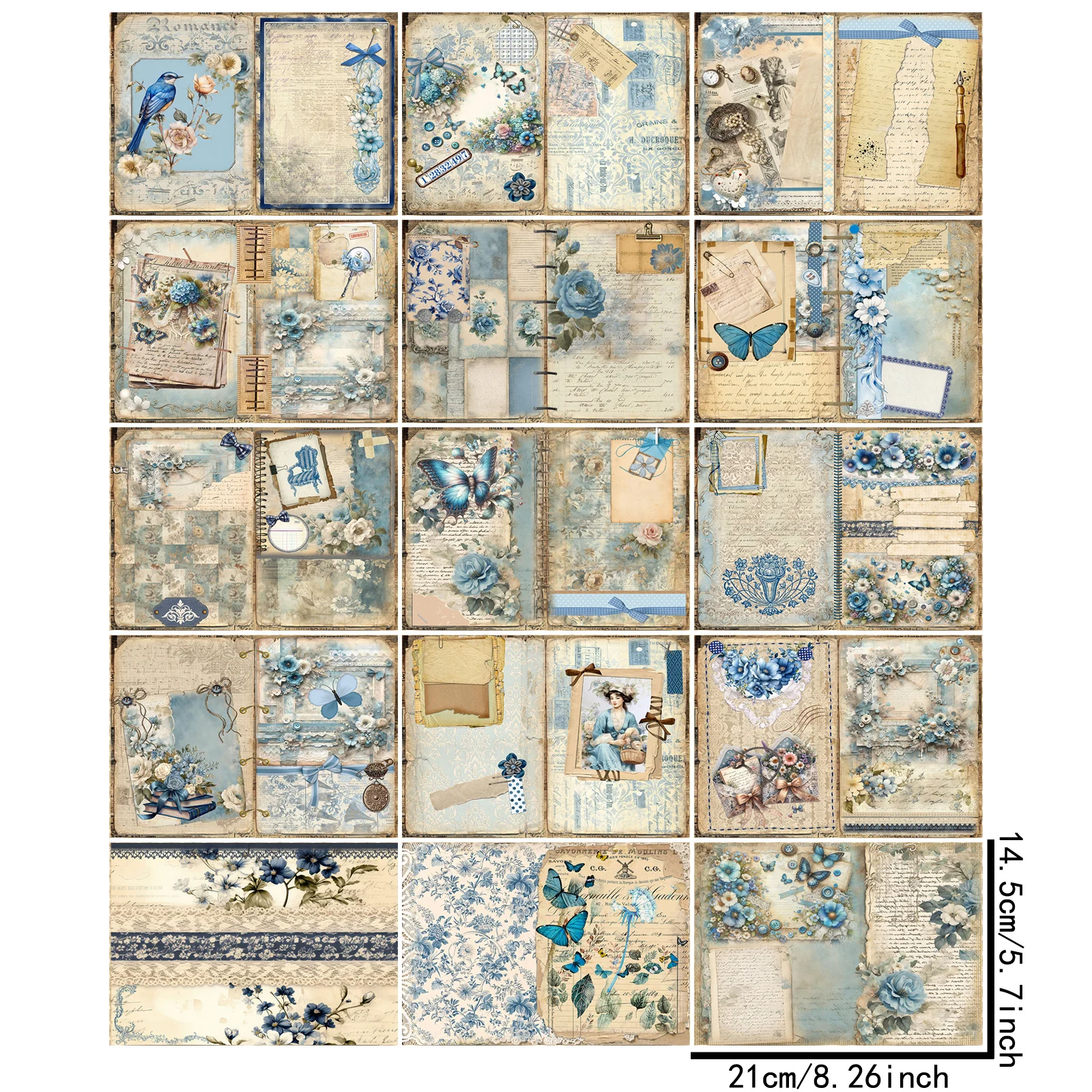 15 Sheets A5 Size Blue Collage Flowers Label Butterfly Collage Background Vintage Grunge Journal Planning Scrapbooking