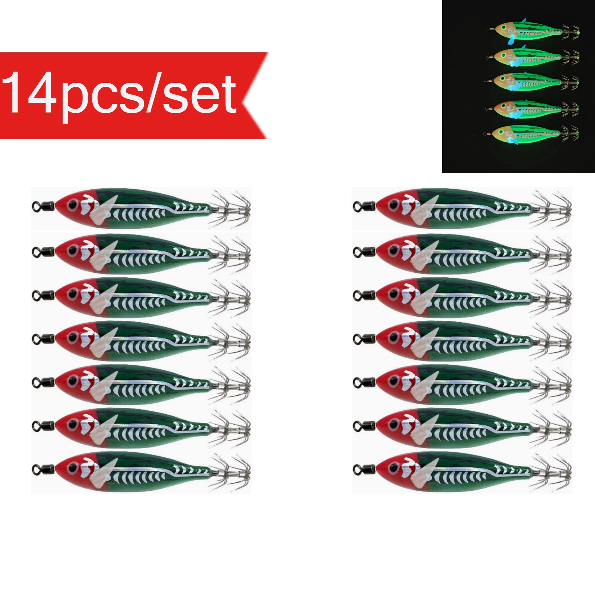 14 Stück/Set 8cm/5,7g Leuchtender Tintenfisch-Jig, Garnelen-Angelköder mit Haken, Meeresfischerei-Zubehör, Künstlicher Köder, Oktopus-Köder