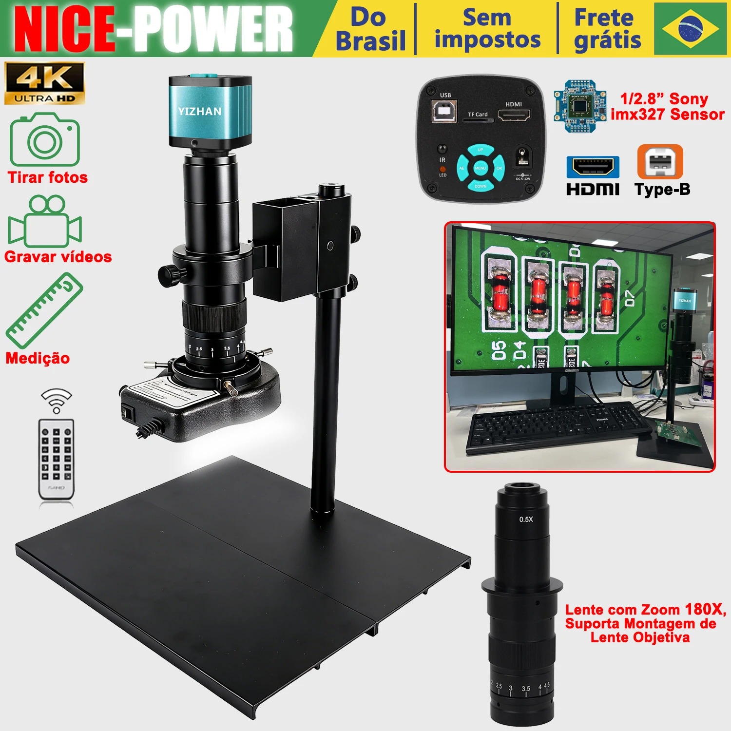 Microscópio digital eletrônica 4k, lente de montagem c com zoom 150x/180x, câmera de microscópio de vídeo usb hdmi de 48mp 60fps, lupa profissional de ampliação full hd, Do Brasil, Sem impostos