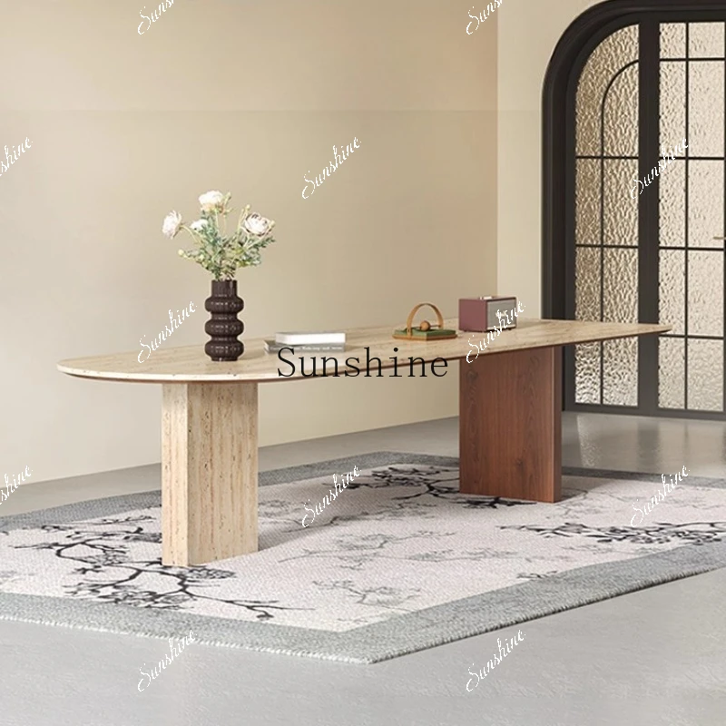 French cream wind tunnel stone dining table small apartment semi-oval island