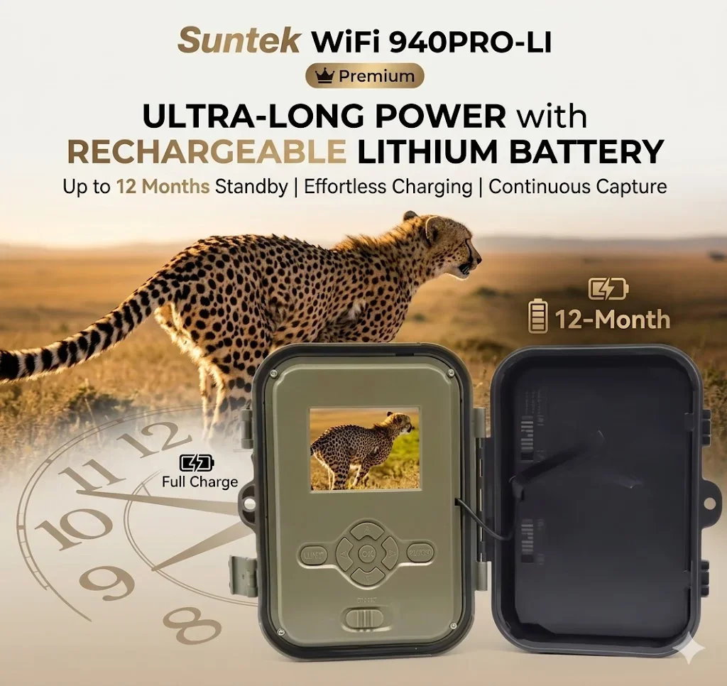Suntek WiFi HC940PRO-LI Trail Camera 50MP 4K Bluetooth Hunting Camera Built-in 8000mAh Battery No Glow Infrared Night Vision