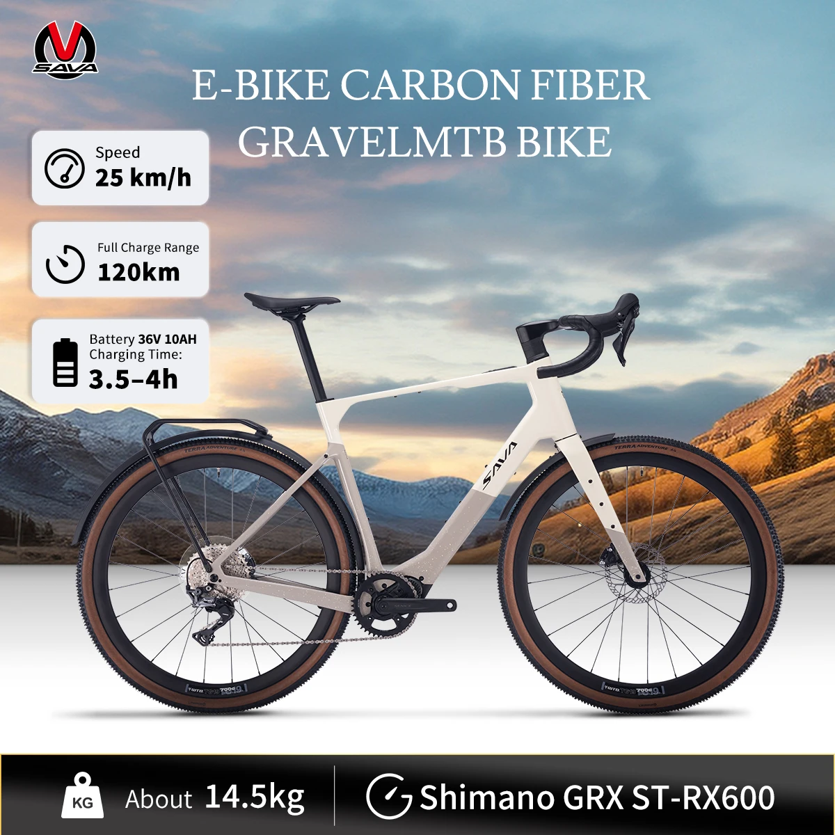

SAVA E-BIKE carbon fiber gravel bike electric assist bicycle equipped with SHIMAN0 GRX ST-RX600 kit