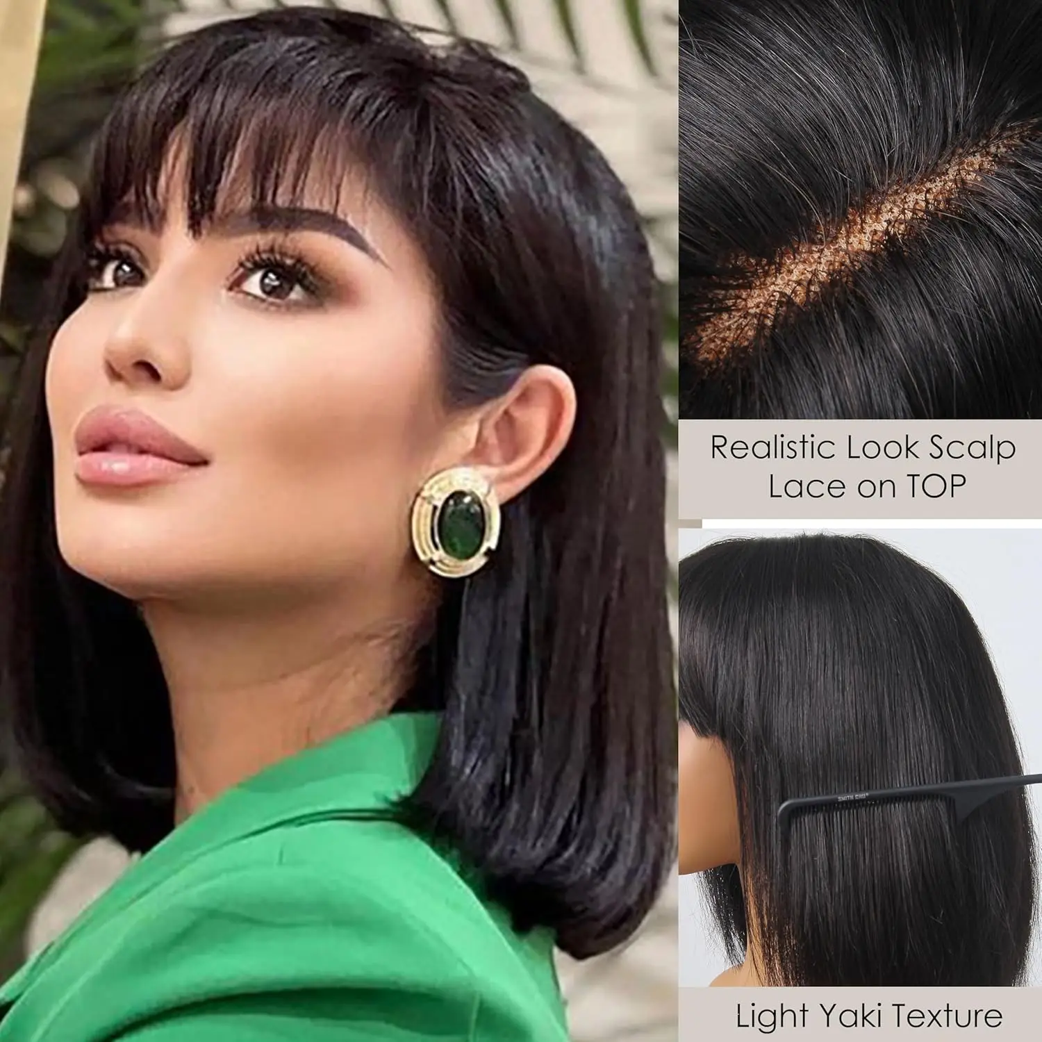 100 % Echthaar, natürliches Schwarzbraun, Highlight, zum Anheben und Ausgehen, realistischer Yaki-gerader Bob mit Pony, minimalistische 3X1-Spitzenperücke