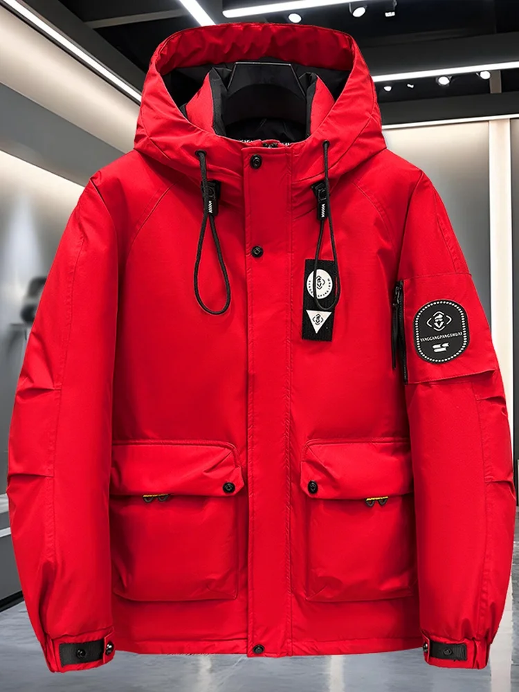 

Мужская зимняя куртка большого размера с капюшоном, на молнии, из хлопка и полиэстера, красная, удлиненная, для защиты от холода, молодежная, повседневная