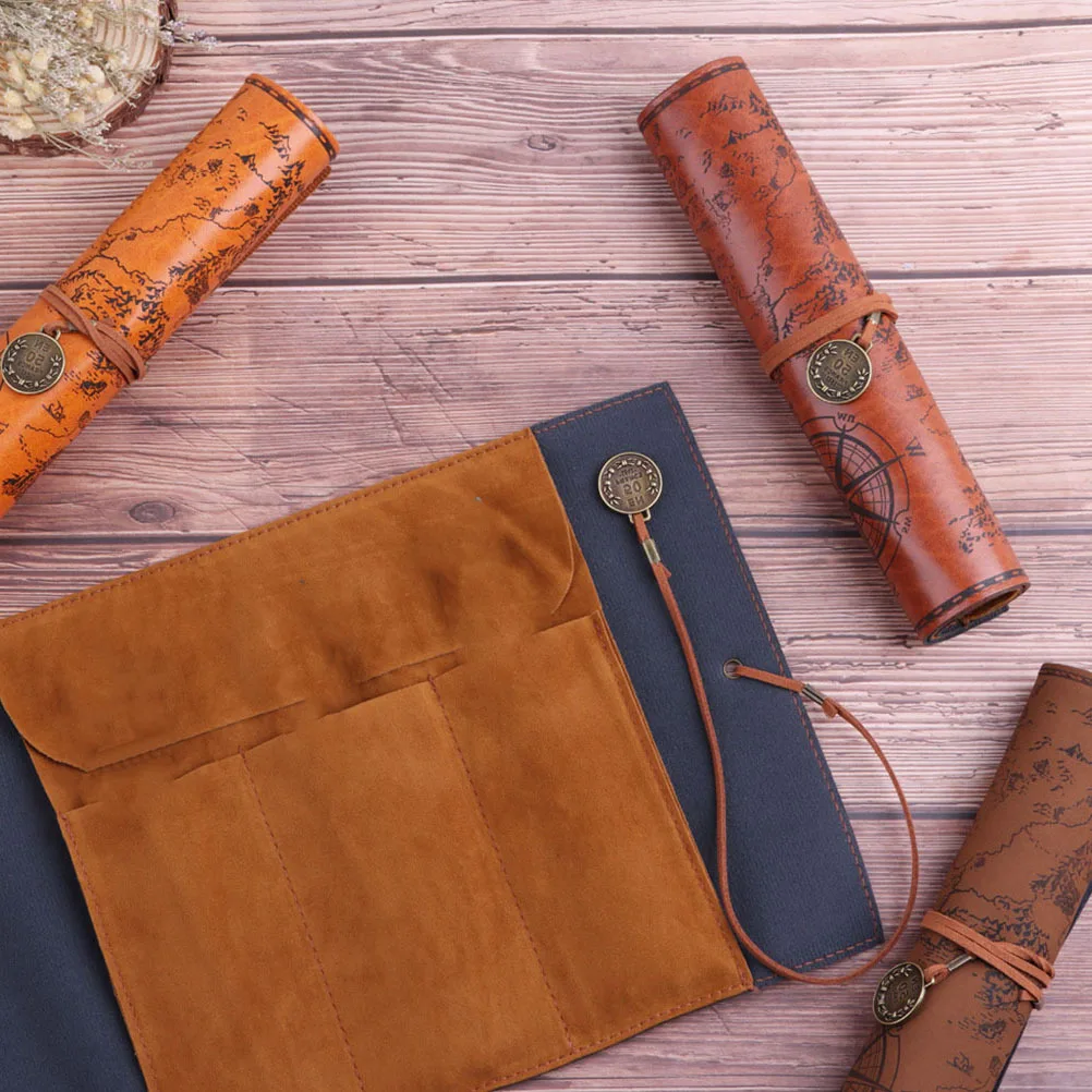 

2Pcs Retro PU Pencil Pouch Vintage Roll Up Pen Bag Smooth Cover Big Capacity Storage Organizer Makeup Bag