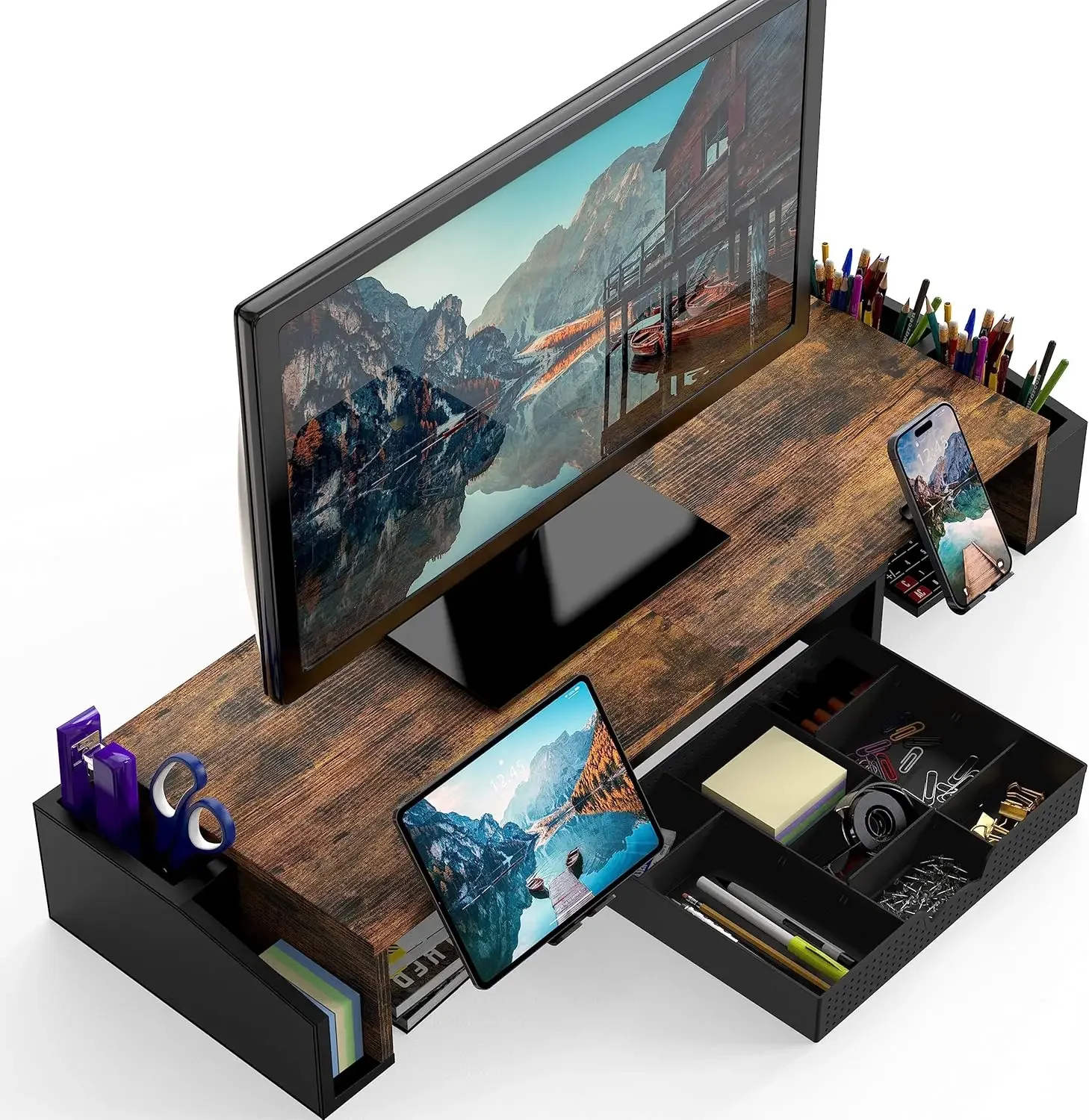 Desk Stand Dual Monitor Rustic Brown With Drawer
