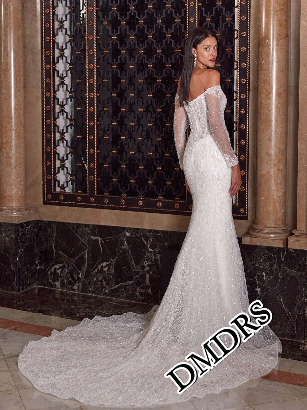 

DMDRS Charming Off-Shoulder Wedding Dress Romantic Long-Sleeve A-Line Bridal Gowns Charming A-Line Floor-Length Wedding Gowns