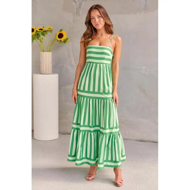 Long Dresses Woman Summer Fashion Sexy Sreetwear Striped Positioning Printing Sling Backless Pocket Fashion Summer Dresses 2025