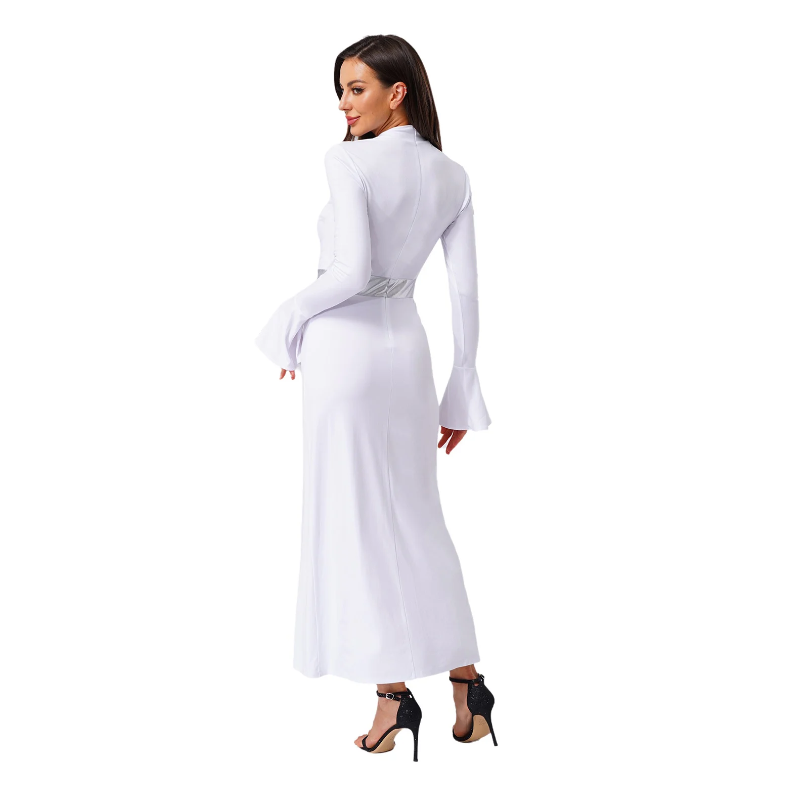 

Women‘s Halloween Athena Egyptian Princess Queen Cosplay Dress Long Sleeve Metallic Waistline Slit Hem Maxi Dress Carnival Party